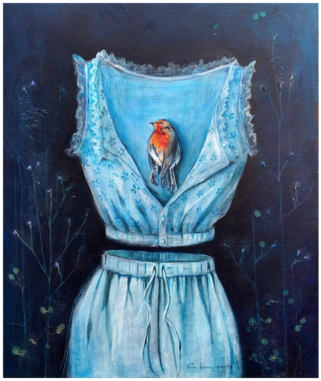 Amy Lace-trimmed Victorian undergarments with a dead robin in the corset cover, surrounded by delicate field flowers.