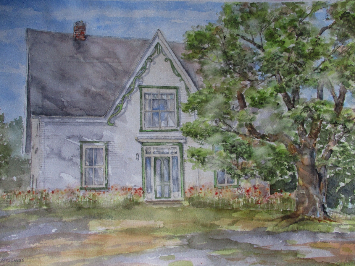 Caroline Stellings 2.jpg Painting of Silver Bush in summertime, showing magnificent tree near entrance, a bright blue sky and wildflowers growing in abundance along the front of the house.