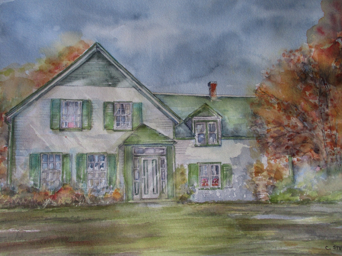 Caroline Stellings 3.jpg An autumn scene at Green Gables, showing changing colours of the season. The leaves are at their peak, red and orange, and stand out against the dark October sky.