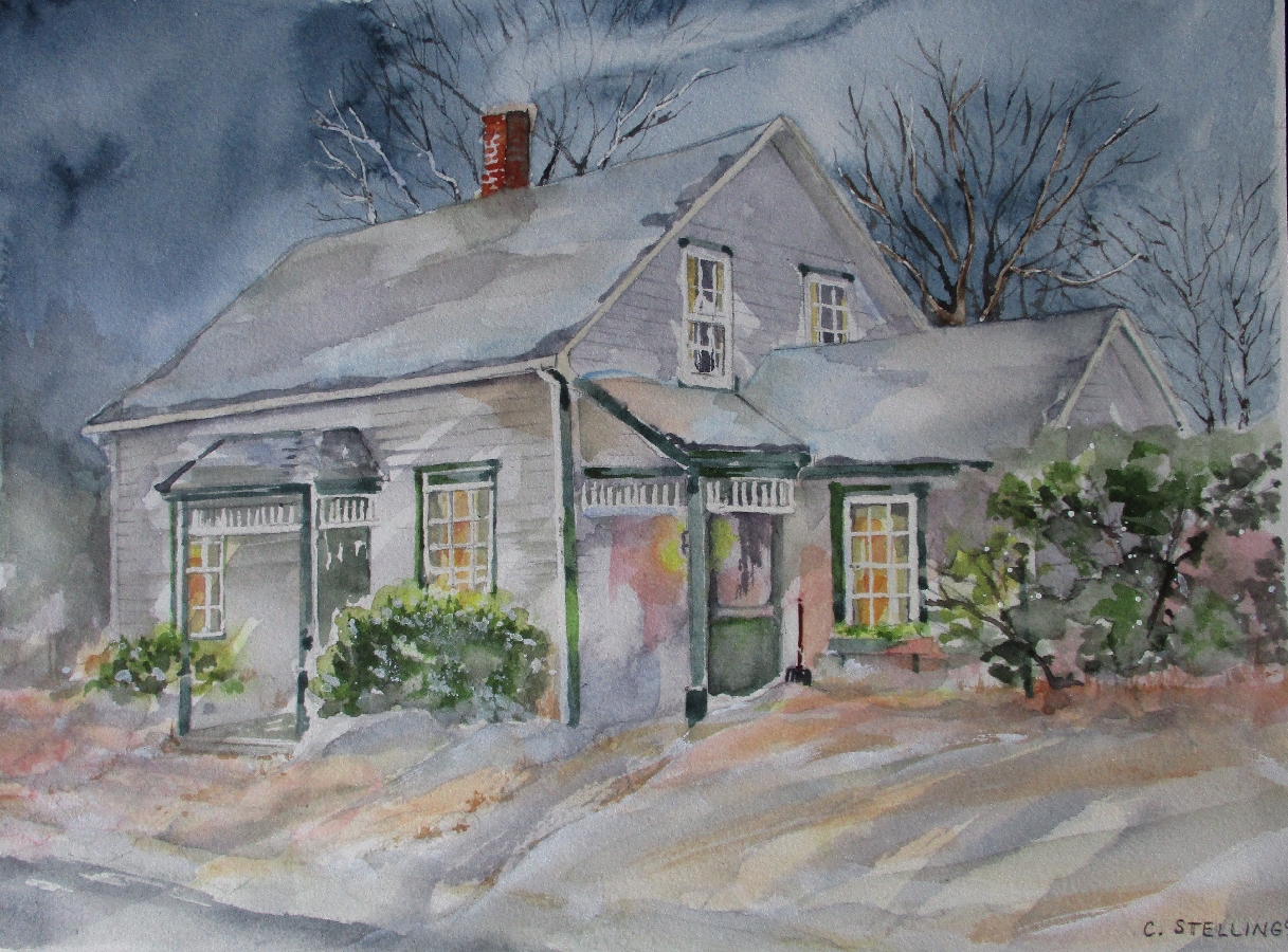 A painting of Maud’s birthplace on a winter evening, with warm light glowing from windows. The snow is deep, the trees are bare, and there is smoke coming from the chimney.