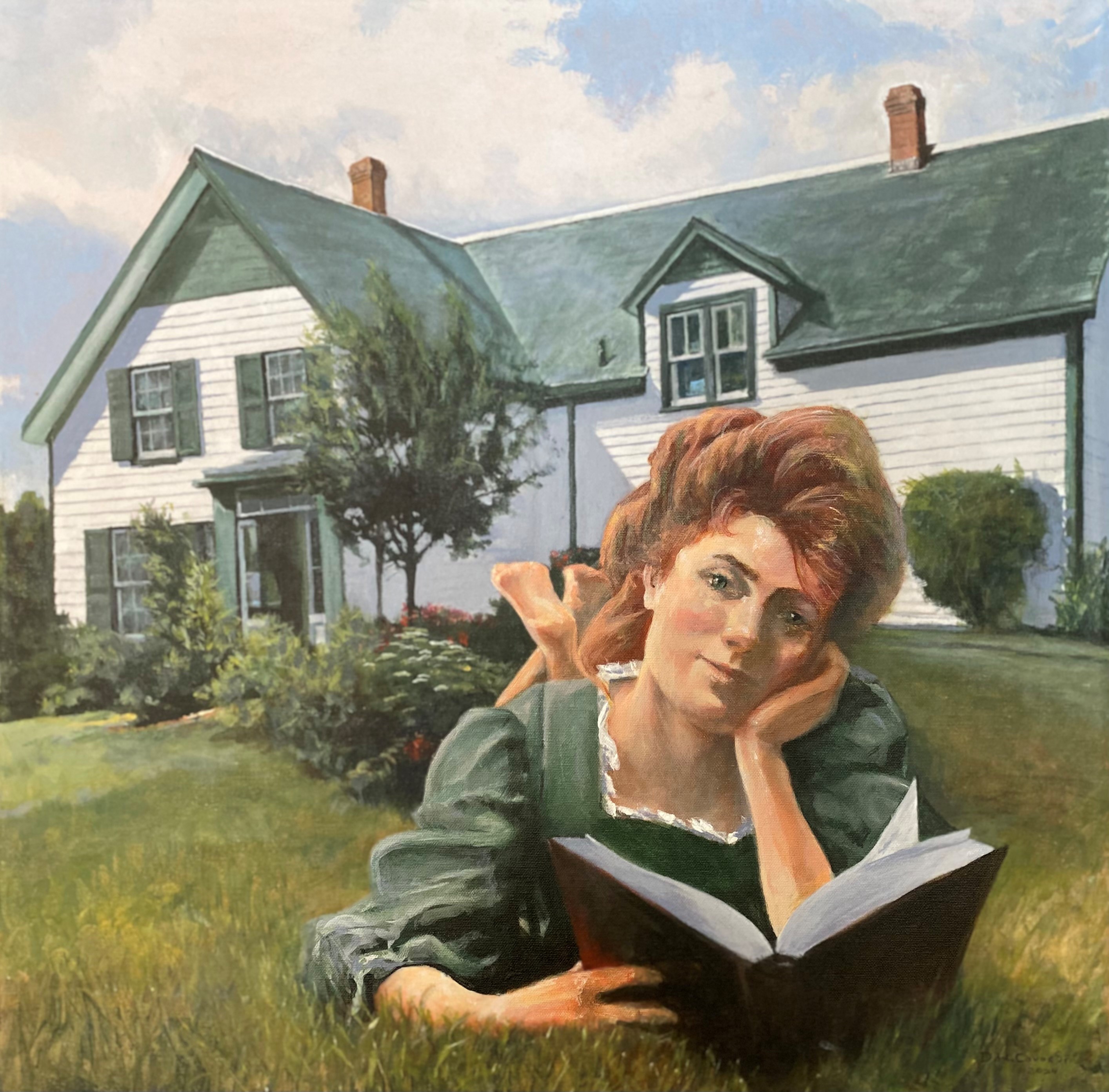 “Maud Montgomery Imagines Anne Shirley” The subject is a young woman, Lucy Maud Montgomery, lying on a sun-dappled lawn as she reads a book in front of a green-gabled country house. She pauses, gazing out toward the viewers and seemingly beyond as she first imagines the character and stories of Anne Shirley, a.k.a Anne of Green Gables.