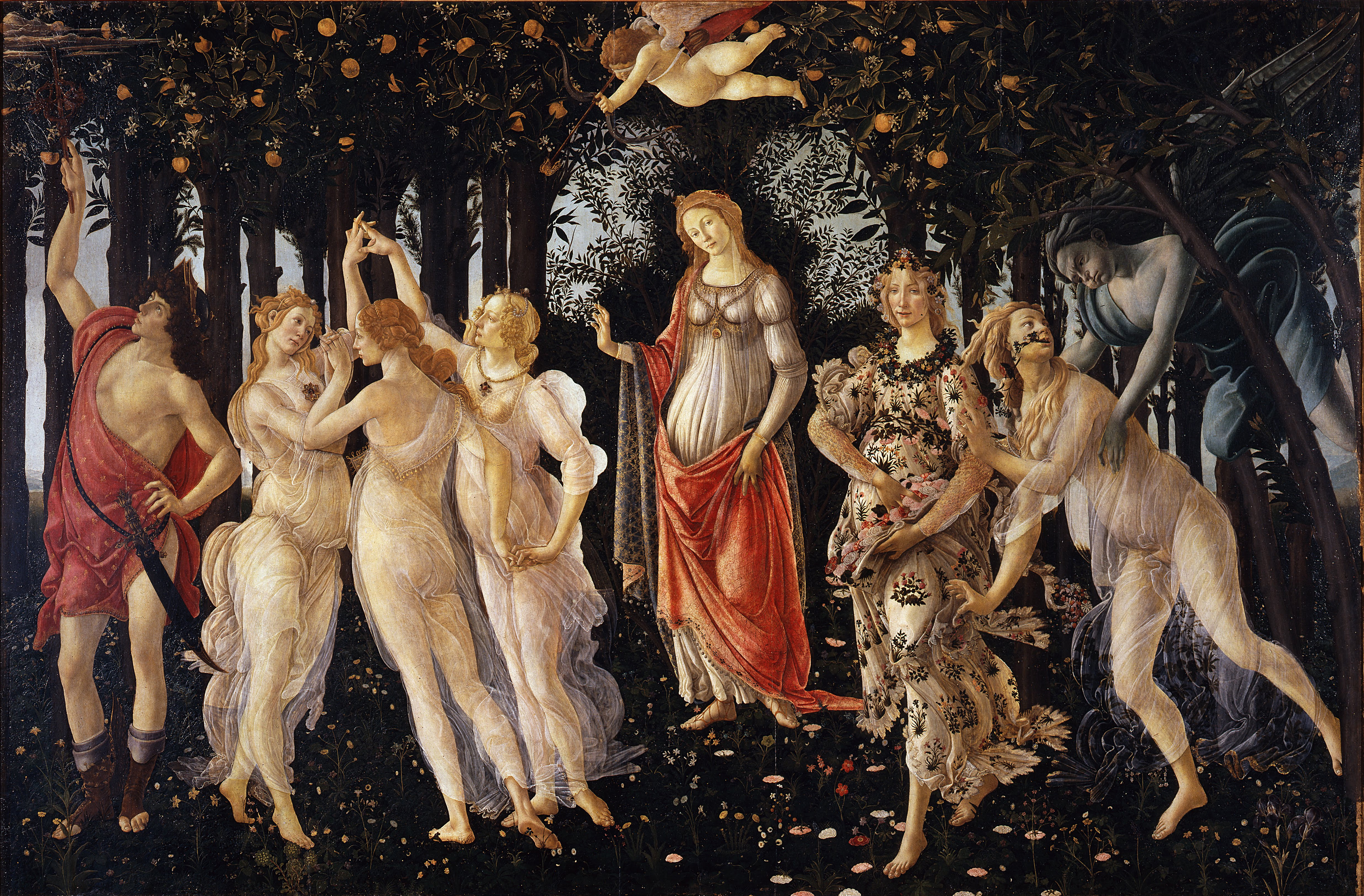 Image 4 Botticelli Primavera Venus with red drapery and blue dress stands slightly off centre, flanked on the left by the Three Graces and Mercury and on the right by the nymph Chloris, the goddess Flora, and March wind Zephyrus. A blindfolded Cupid with bow aimed left hangs over Venus.