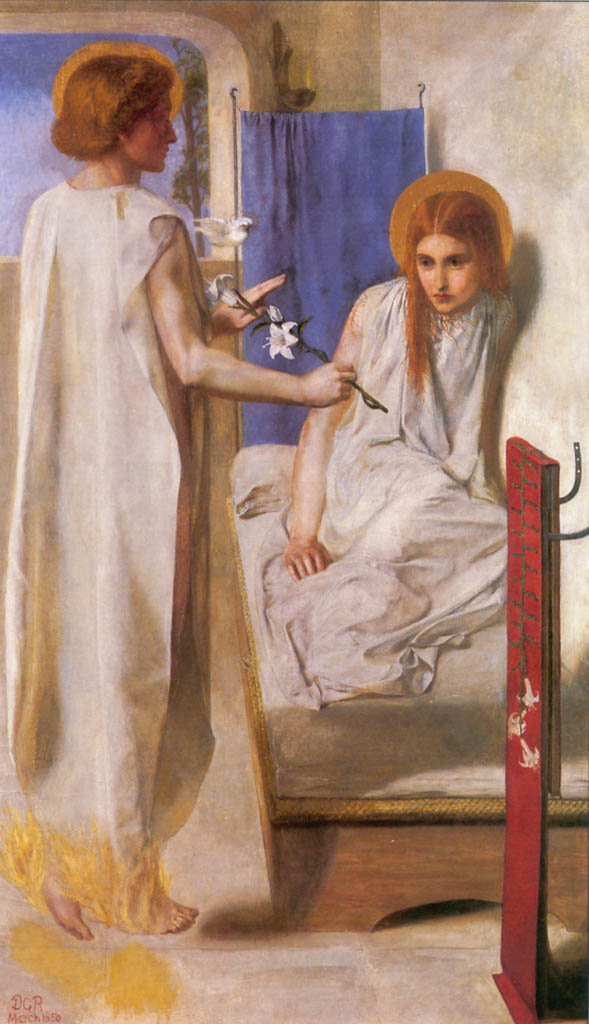 Image 5 Rossetti Annunciation The angel Gabriel, dressed in white with a gold nimbus, offers white lilies to the Virgin Mary, also dressed in white with a gold nimbus, during the Annunciation. Mary is huddled on a white couch.