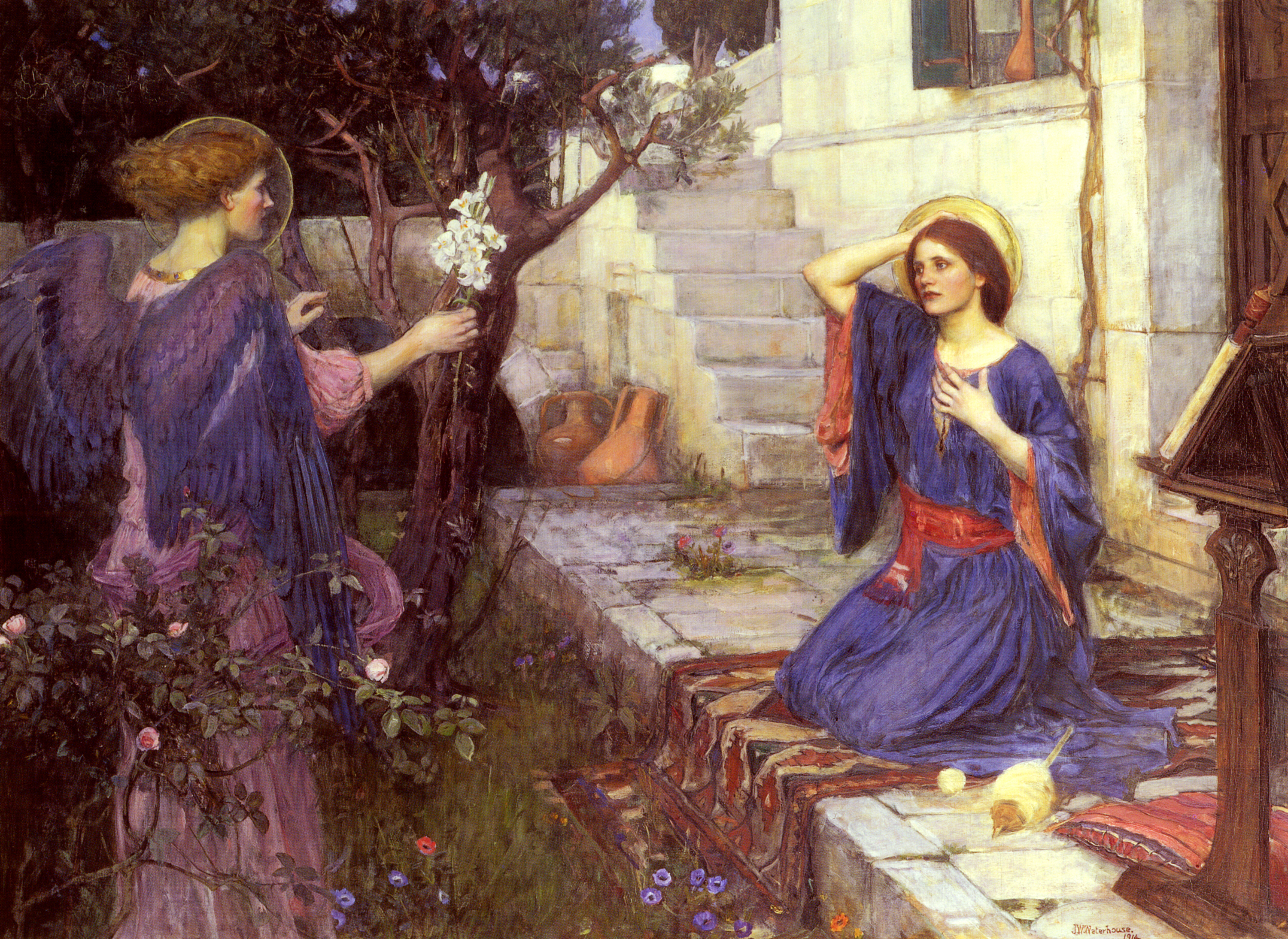 The angel Gabriel, dressed in light pink with purple wings, offers white lilies to the Virgin Mary, dressed in blue with red accents, during the Annunciation. Mary kneels on a patterned rug in a garden.