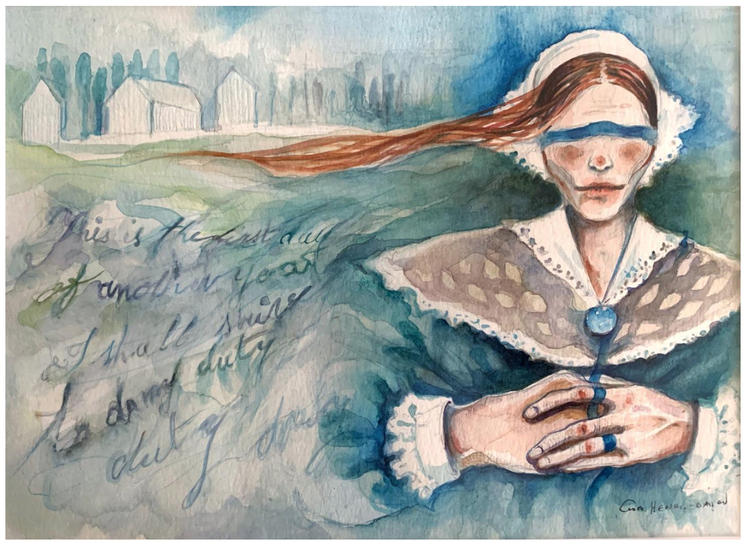Judy A woman with folded hands in prayer, a blue ribbon over her eyes and through her fingers, set against a rural background.