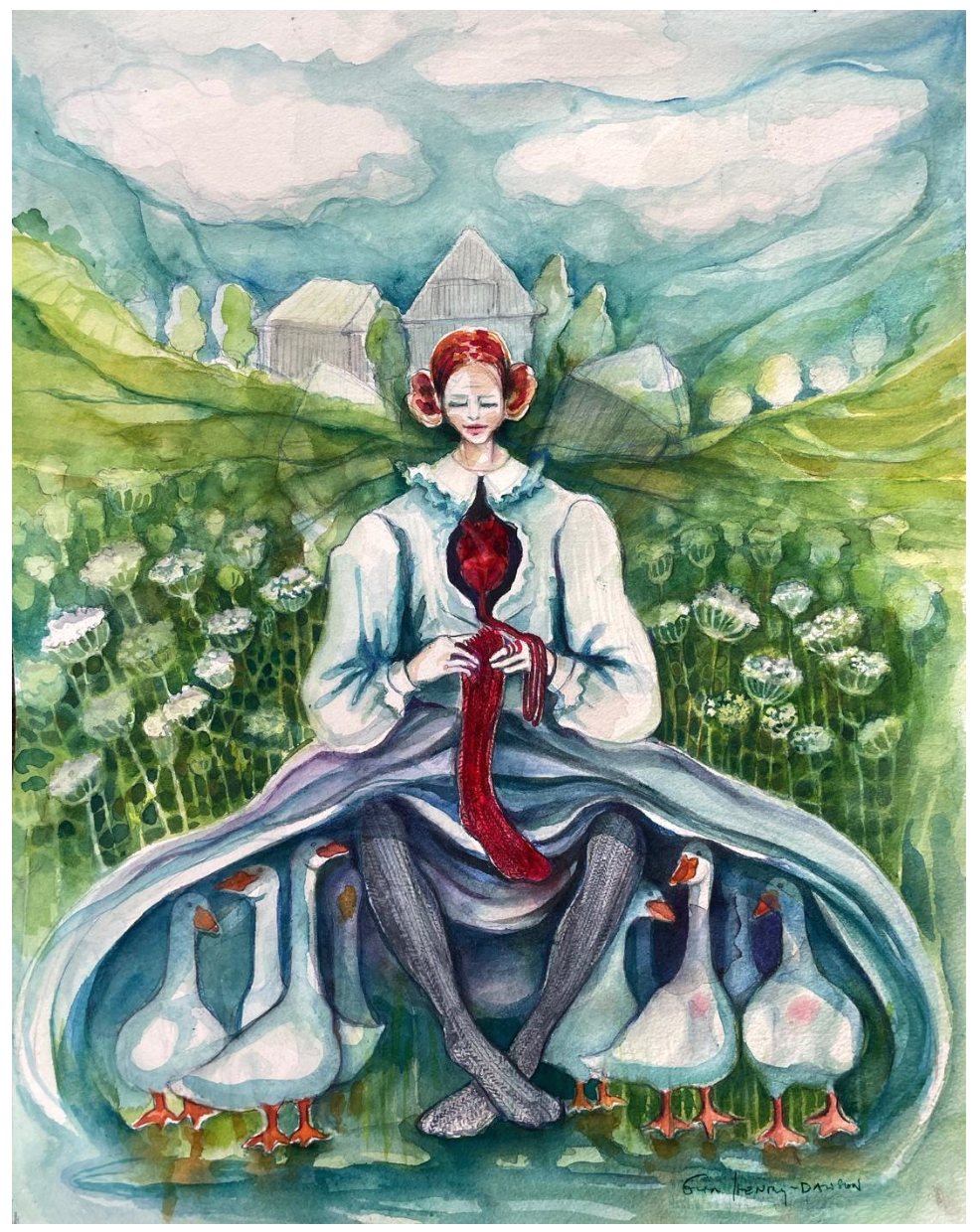 Leslie A woman knits a red stocking, her heart visible through her blouse. Geese shelter under her skirt. Farm buildings in view.