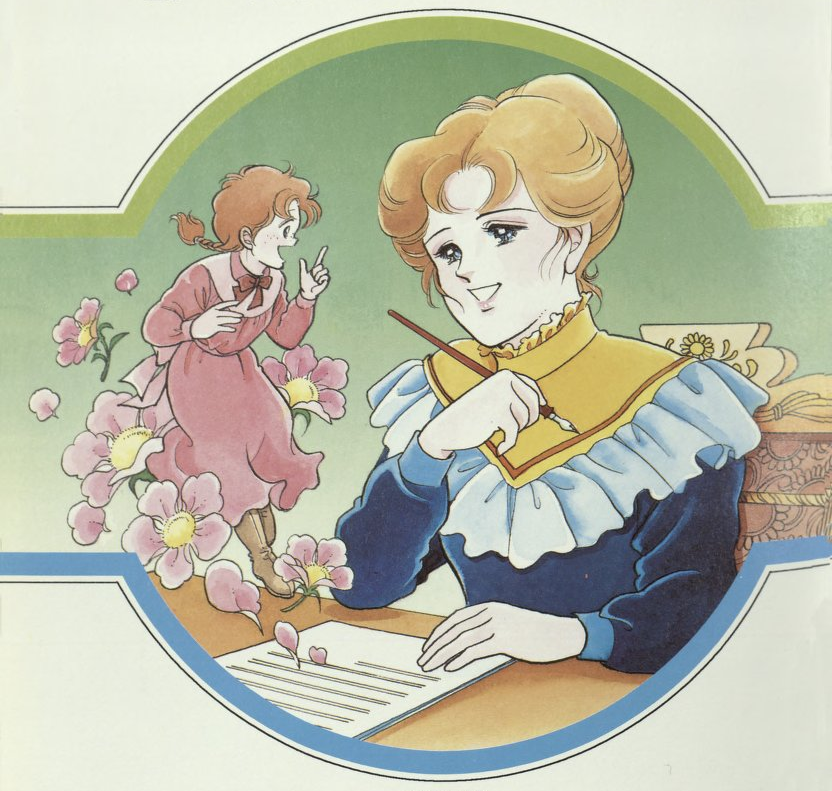 Photo of Anne Drawing of a woman with light brown hair at a table. Floating in the foreground is a small girl with red hair surrounded by flowers.