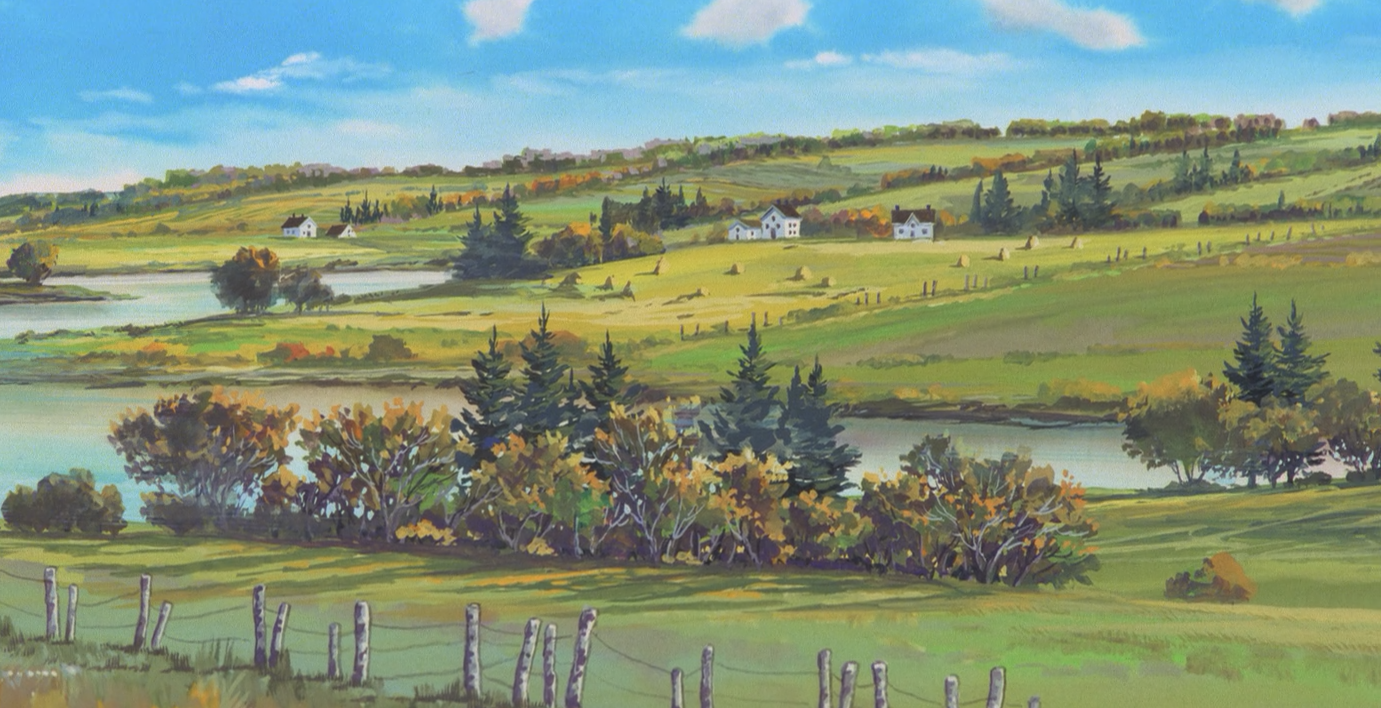 The farms of Avonlea as later imagined by the animators of Akage no An. Anime-style image of Avonlea. In the foreground is a wire fence in a field and in the background is a river running through farmland.