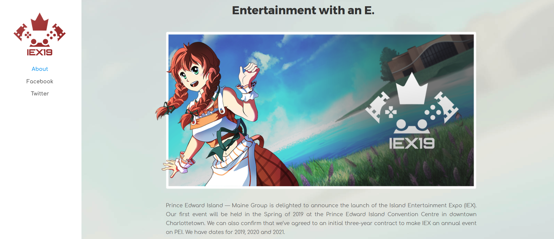 The mascot of the Island Entertainment Expo Still of webpage for “Entertainment with an E.” A girl is in front of a body of water, a building, and blue sky. She has braided red hair.