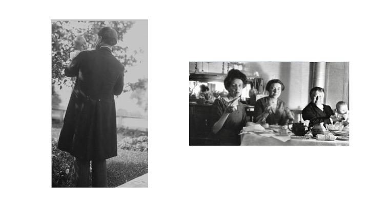 Left: The back of Ewen Macdonald with dark hair, outdoors and wearing a long coat, holding his infant son, who is looking over his shoulder. | Right: Two women, L.M. Montgomery holding toast and Frede Campbell holding a jar of jam, and Ewen Macdonald holding a baby at a breakfast table. On the table is a teapot and a family heirloom jug. 