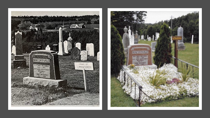 Left: L.M. Montgomery’s grave. The trees are not yet tall enough to hide the view of the Green Gables house and tea room (golf clubhouse) in the background. | Right: A colour photograph of L.M Montgomery’s grave in a cemetery surrounded by tall trees.