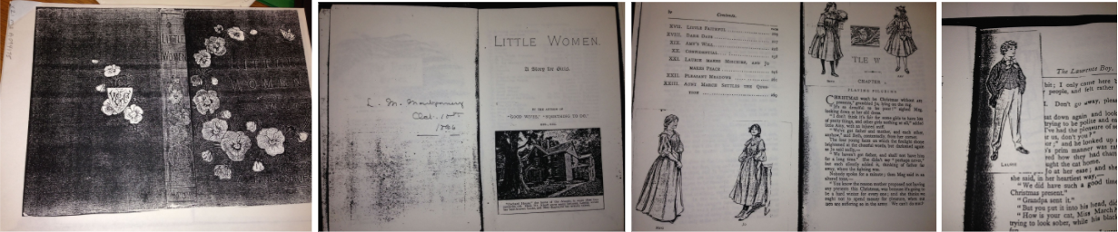 Four photographs of Montgomery’s copy of Little Women. The pictures are in black and white.  