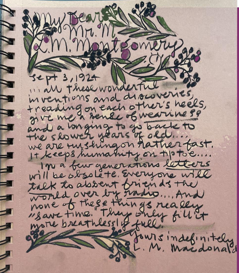 Letter from LMM. A handwritten letter addressed to “My Dear Mr. M” and signed, “Yours indefinitely, L.M. Macdonald.” The letter is adorned with black and purple pokeberries with green leaves.