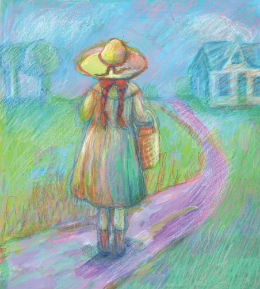 Anne! “Anne!” a painting by Phoebe Stone in gouache and pastel of a young girl seen from the back walking along a path toward a house, her yellow hat glowing with sunlight.