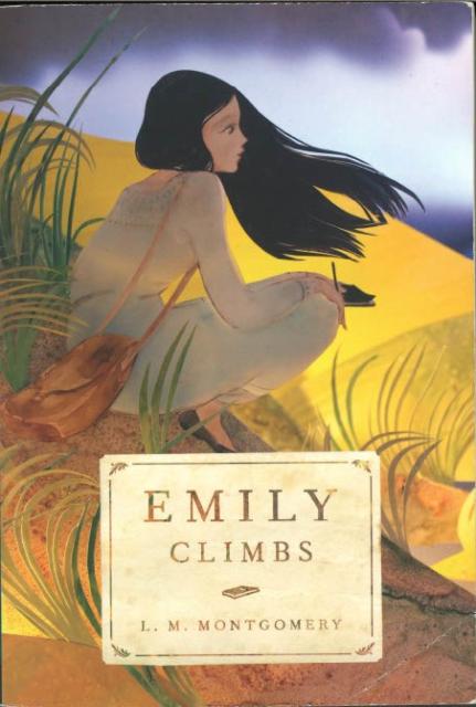 Emily Climbs Cover illustration for Emily Climbs, depicting a girl with dark hair sitting in a field of golden grass.