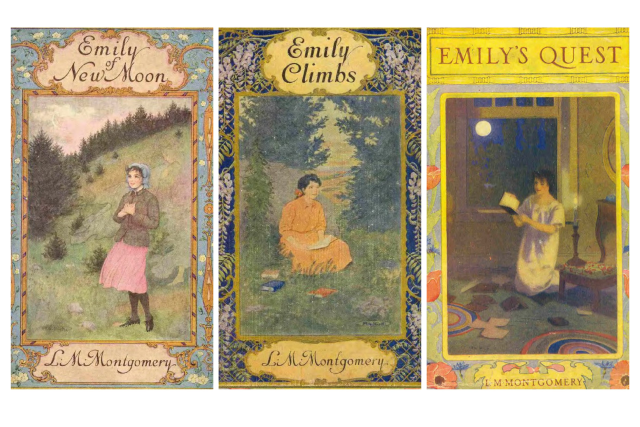 Three painted book covers of the Emily series side by side. 