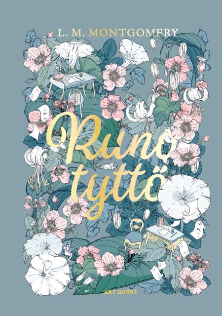 Runotytto Book cover with a print pattern of flowers, leaves, and writing desks in white, pink, and green on a greyish-blue background with the title in gold letters.