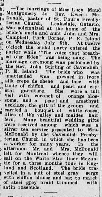 L.M. Montgomery and Ewan Macdonald wedding announcement 8 July 1911. Post-marriage announcement in the Charlottetown Guardian, 8 July 1911, for Montgomery and Ewan Macdonald, describing the bride’s attire and their honeymoon plans.