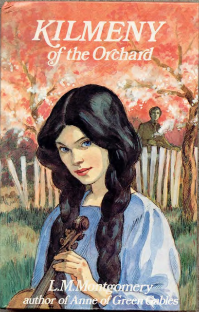 Kilmeny of the Orchard 1982 Illustration of a girl with dark hair holding a violin. In the background are trees with orange leaves.
