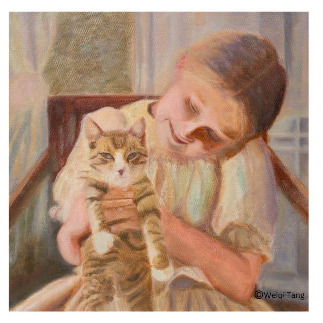 Weiqi Tang painting of a girl holding a cat.