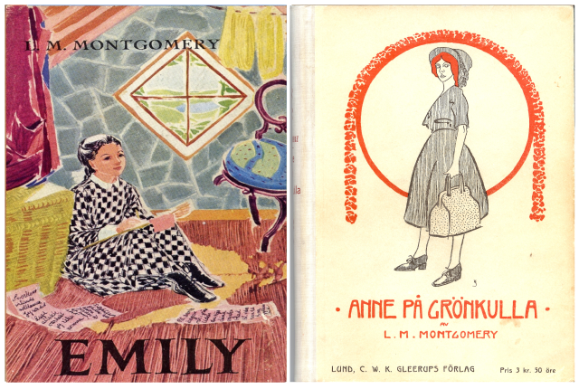 Swedish Emily and Anne Two drawn Swedish book covers. On the left is a girl sitting by a window writing. On the right is a girl holding a bag.