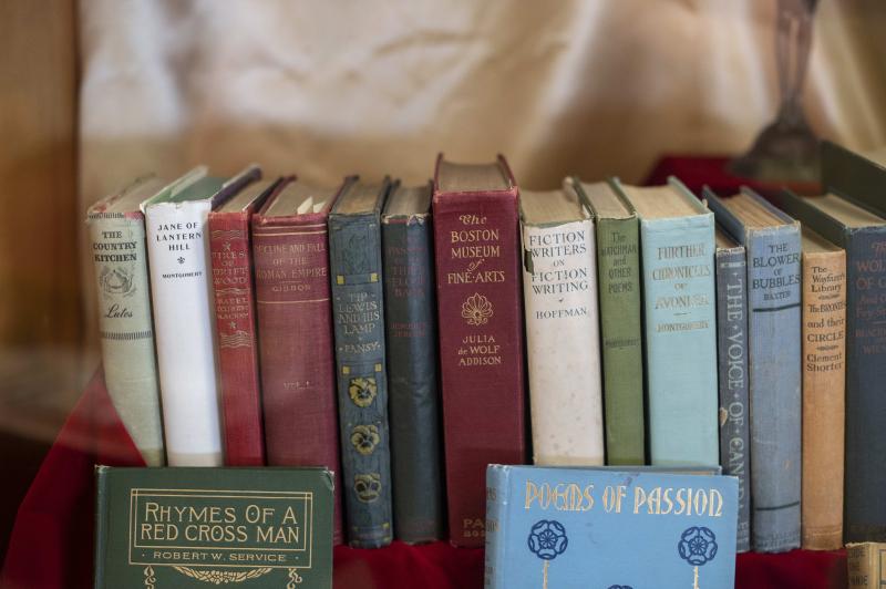 Bookshelf Project A row of aged books in faded cloth, some with gilded lettering on the spines.