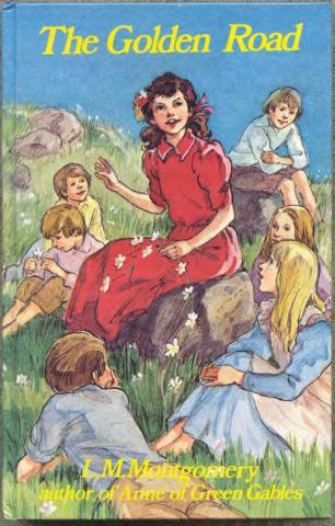 TGR 1982 Painted book cover of The Golden Road. A woman sits on a rock outdoors holding a flower. Several children are sitting around her.