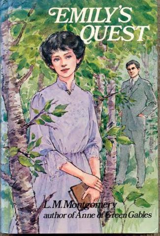 Painted book cover of Emily’s Quest. In the foreground, a woman is leaning against a tree. In the background, a man is looking at her.