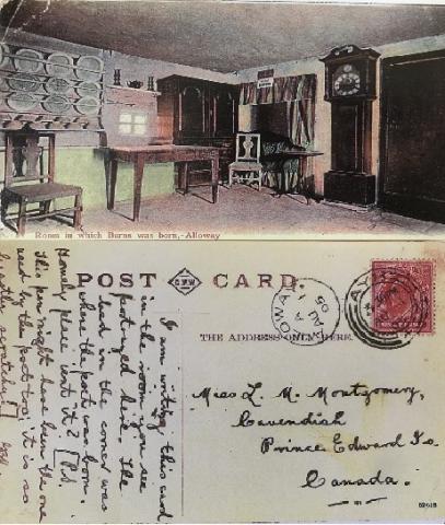 Room in which Burns was born,—Alloway. Photo of a postcard. The top (front) is a photo of a room with a grandfather clock and desk. The bottom (back) is a written message to Montgomery.