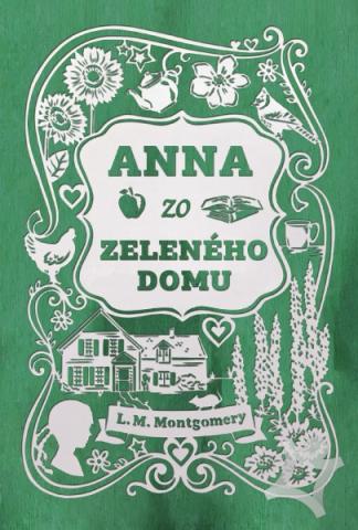 Anna zo Zeleného domu 2019 On a green base, small white images of a girl in profile, Green Gables, teacup, teapot, birds, and flowers.