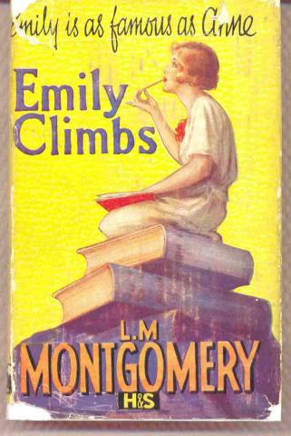 Emily Climbs 1929 Drawn book cover of Emily Climbs. A girl is depicted sitting on top of a stack of books holding a pencil and paper. The background is yellow.
