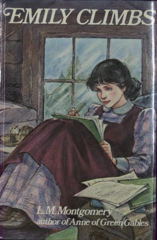 Drawn book cover of Emily Climbs. Emily is sitting in front of a window writing on paper. 