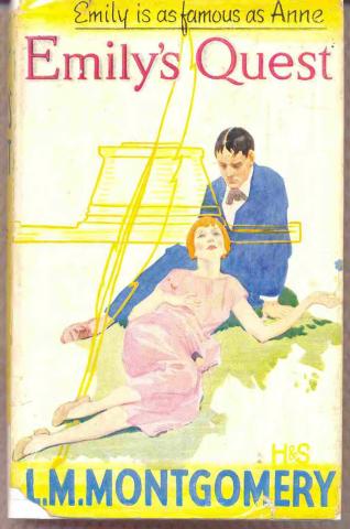 Emily's Quest 1930 Drawn book cover of Emily’s Quest. A woman is lying on a man's lap. An outline of a large yellow quill is to the left of them.