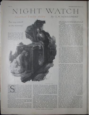 Emily Climbs 1934 The words “Night Watch” are at the top. The upper left side shows a black-and-white image of a woman crouching behind a railing with a man leaning over it. The rest of the magazine page is small text.