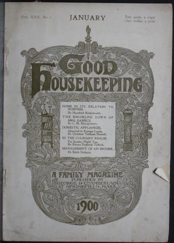Emily Climbs 1939 The words “Good Housekeeping” are centred at the top of an oval shape of vines. There is a white square in the centre that has text. “A Family Magazine” and “1900” are centred toward the bottom.
