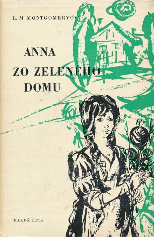 Anna zo Zeleného domu 1975 On a white base, a black-and-white pen-drawing of Anne holding flowers in front of a green landscape and house.