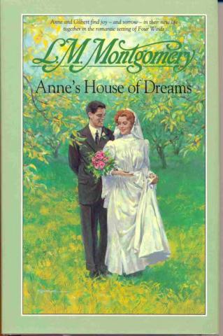 Painted book cover of Anne’s House of Dreams. A man and woman wearing wedding clothes are walking through a field smiling. 