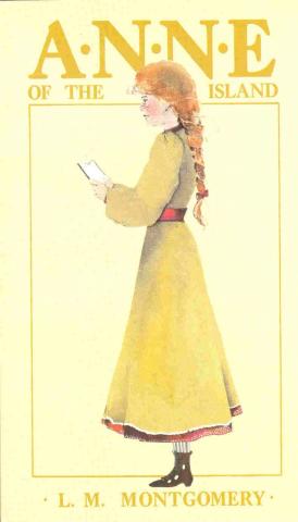 Anne of the Island 1968 Book cover of Anne of the Island. Anne is wearing a yellow dress. She is reading a book and facing left.