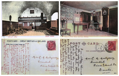 On the upper left is a drawing of Baron’s Hall. On the upper right is a photograph of a room with a table. On the bottom is the written backs of the postcards.