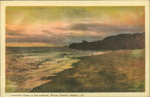 Cavert Figure 1 Front of a postcard depicting the Cavendish shore, PEI. The sky is pink and purple and is reflected on the water below.