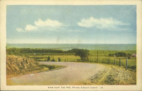 Cavert Figure 3 Front of a postcard depicting Tea Hill, PEI. A road turns left and disappears to the left of the image. There are fields that meet water in the background.