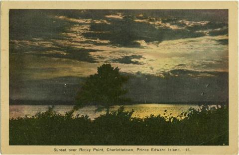 A postcard depicting Rocky Point. A tree is situated against a body of water. It is dark except for the sun breaking through clouds and reflecting on the water.