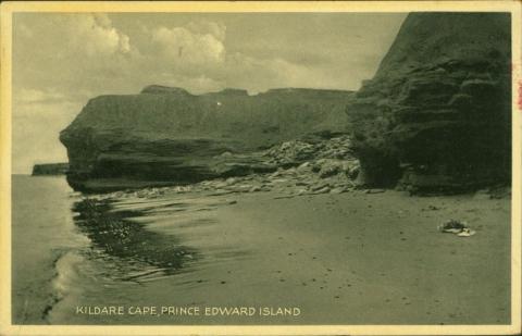 Cavert Figure 8 Black-and-white postcard of Kildare Cape. The shoreline is toward the left of the image with cliffs on the right.