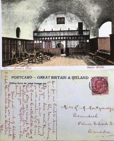 Photo of a postcard. The top (front) is a drawing of Baron’s Hall, Doune Castle. The bottom (back) is a written message to Montgomery.