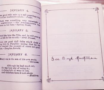 Cavert Image 5 Photograph of MacMillan birthday book. Dates and text on the left and the text “Geo. Boyd MacMillan” on the right.