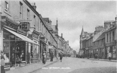 Black-and-white drawing of Mill Street, Alloa, Scotland. Buildings are on either side of a street that narrows toward the horizon. 