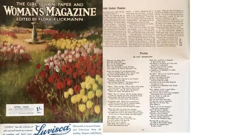 Cavert Image 9a Photograph of The Girl’s Own Paper and Women’s Magazine. On the left is a garden with tulips lining a path. On the right is a page of text.