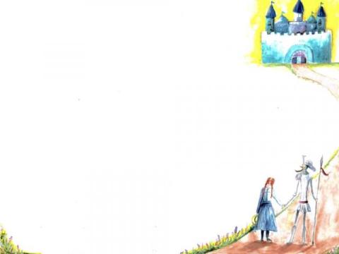 A girl is standing in the bottom right on a small path. She is holding hands with someone in armour. The path leads up to a blue castle in the top right.