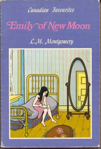 Book cover of Emily of New Moon. A girl with black hair is sitting on a bed in front of a mirror writing in a book.  