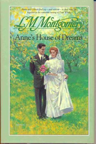 AHoD Book cover of Anne’s House of Dreams. A white man and woman wearing wedding attire are walking through a field and trees.